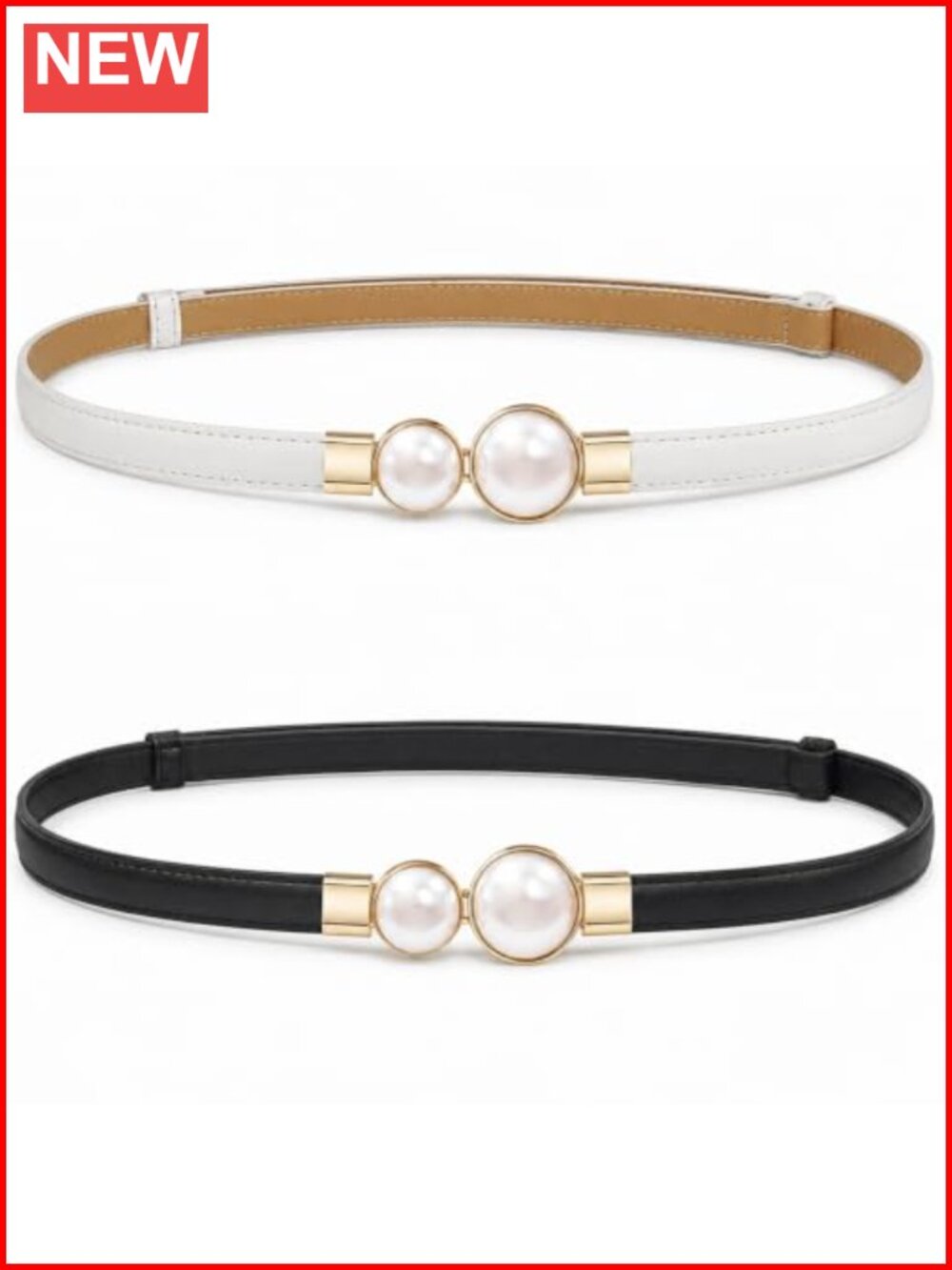 2 Pack Pearl Buckle Skinny Belts Women Thin PU Leather Dress Belt